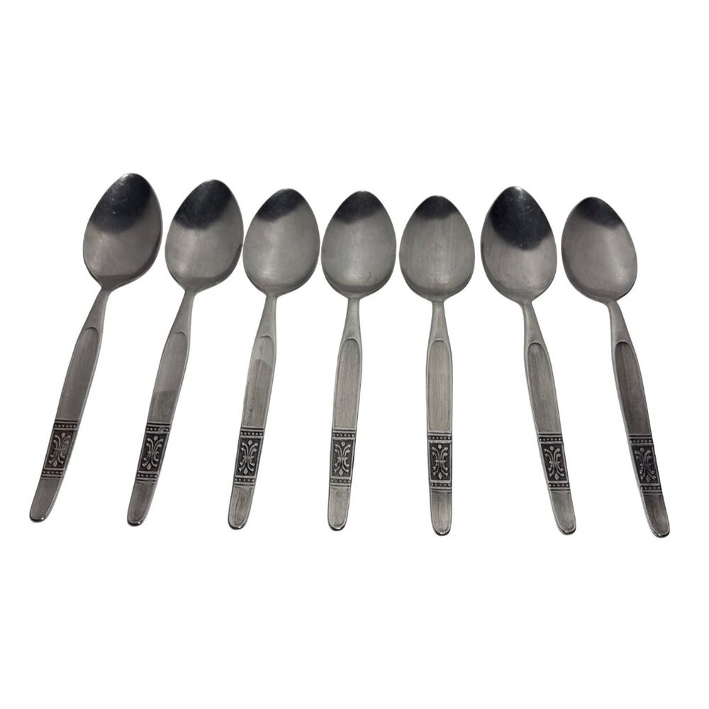 National Stainless Teaspoons Fleur-De-Lis Handle Design Japan Set of 7 Vintage